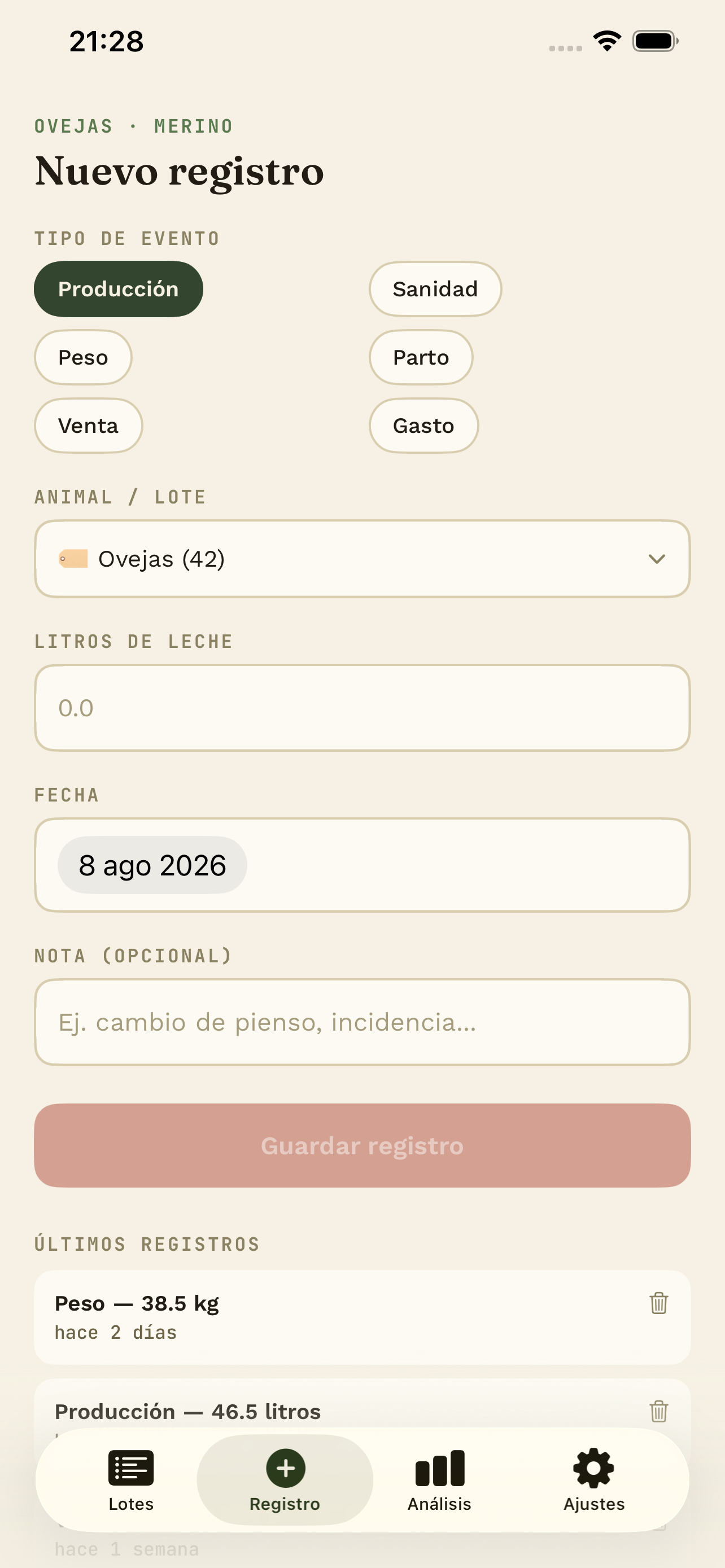 Nuevo registro de evento
